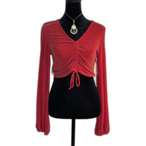 Bar III Red Metallic Ruched Crop Top — Cherry On Top, Long Sleeve, NWT